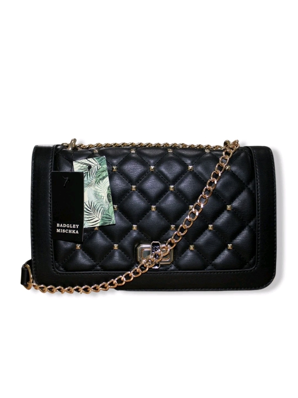 Badgley Mischka NWT Diamond Quilted & Studded Crossbody with Gold Chain